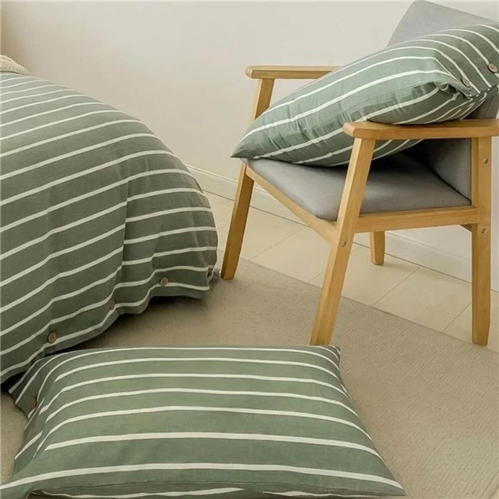 NEW West Elm Boho Green Stripe Queen / King Cotton Linen Bedding Duvet Sham Set